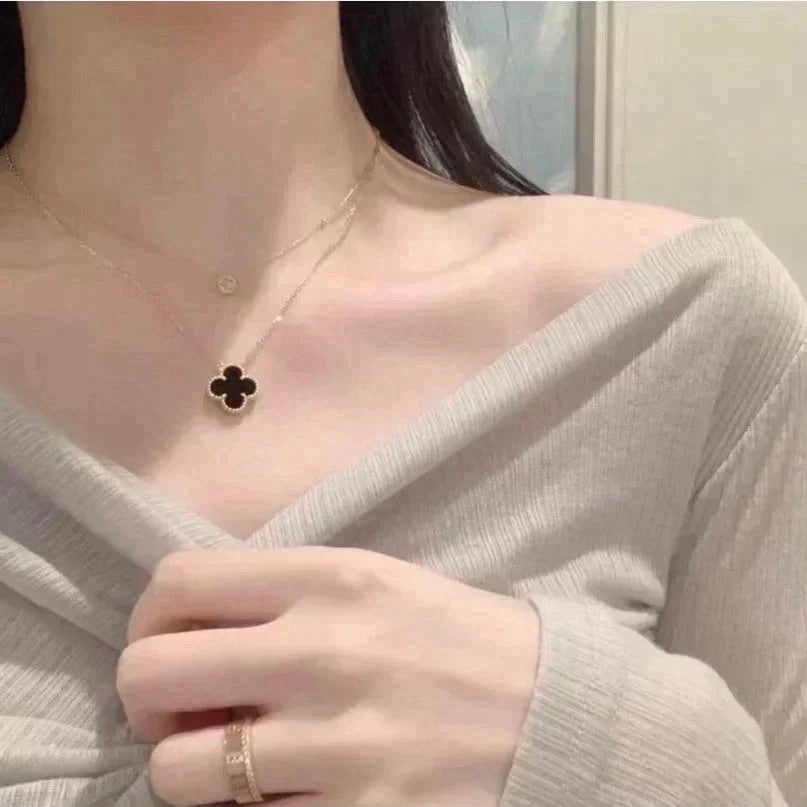 [Mystic]CLOVER 15MM BLACK ONYX SINGLE FLOWER NECKLACE