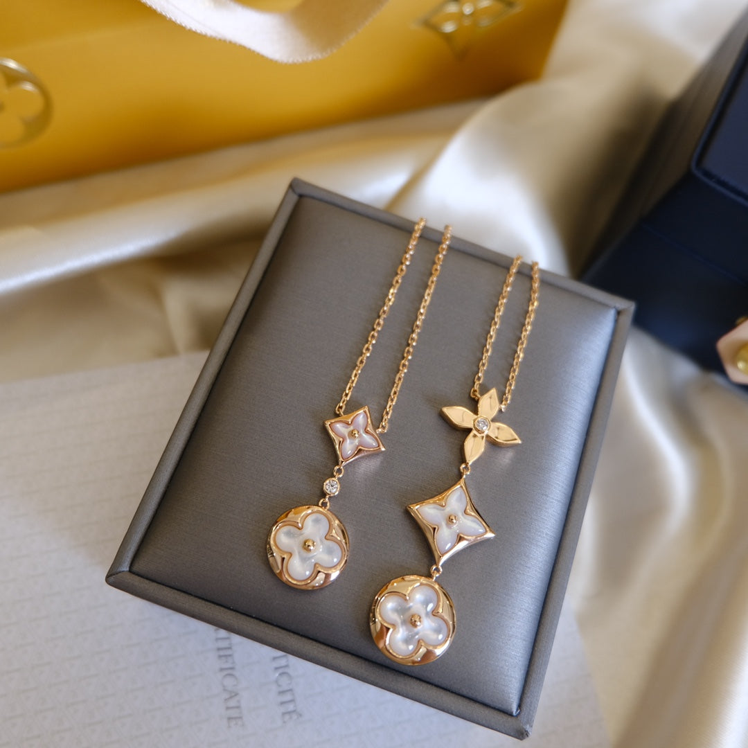 [Mystic]COLOR BLOSSOM LARIAT NECKLACE PINK GOLD WHITE MOTHER PEARL AND DIAMOND